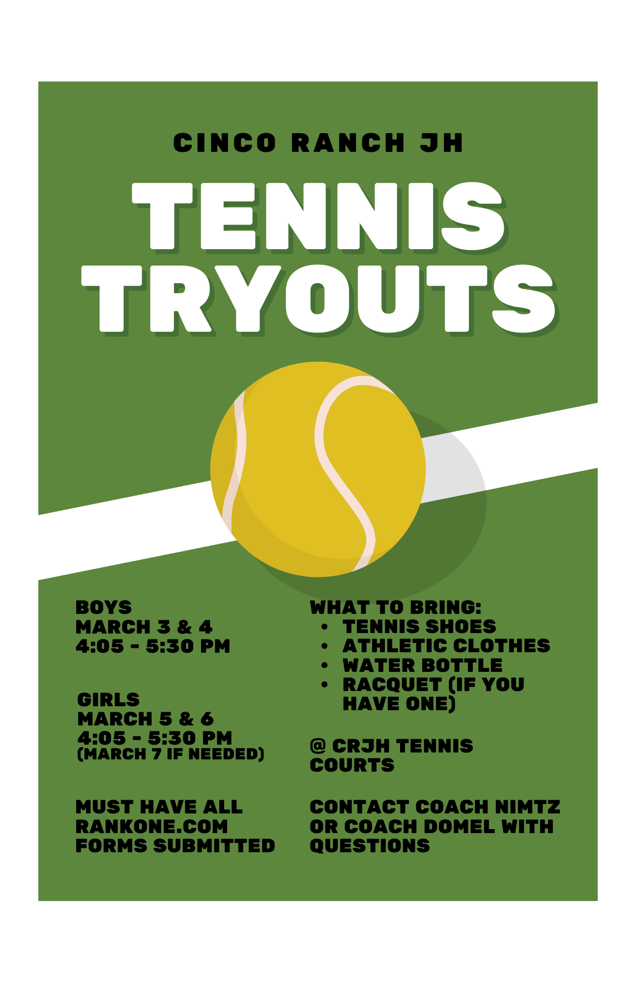 Boys Tennis tryouts March 3 and 4 after school